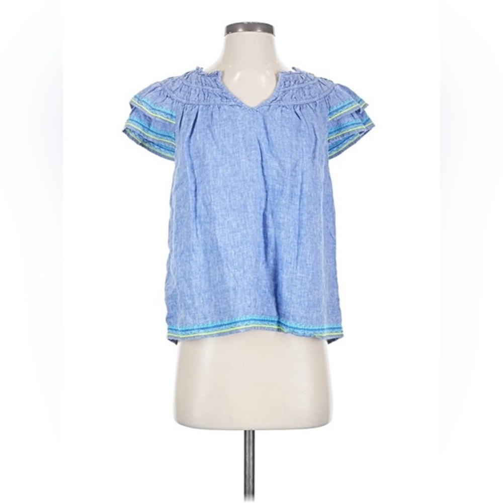 Vineyard Vines Cottagecore 100%Linen Boho Women Blue Short Sleeve Blouse XL